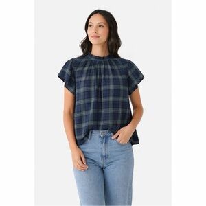 Trovata Birds of Paradis Carla Highneck Shirt Large Blue Green Plaid Academia